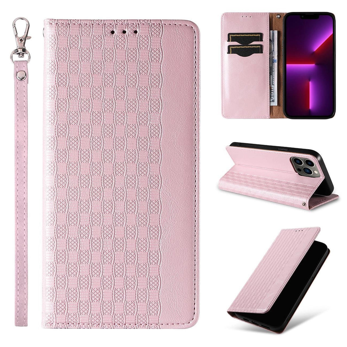 Magnet Strap Case Case For iPhone 14 Pro Max Flip Wallet Mini Lanyard Stand Pink