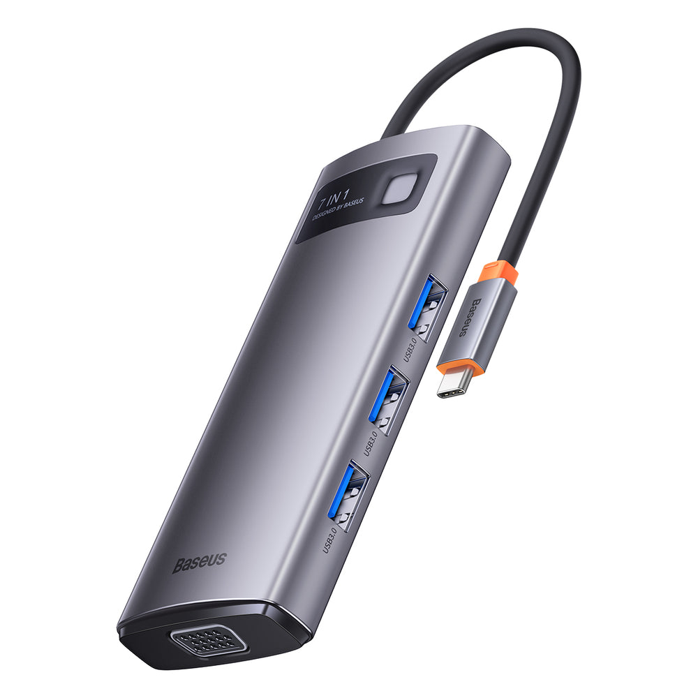 Baseus Metal Gleam Series HUB 7-i-1 USB Type C dockingstation - 1 x HDMI / 1 x VGA / 3 x USB 3.2 Gen. 1 / 1 x Strømforsyning / 1 x RJ-45 Ethernet grå (WKWG040013)