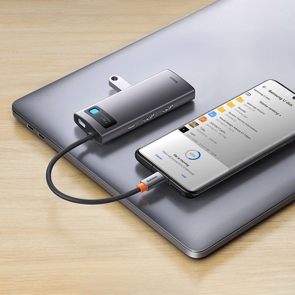 Baseus Metal Gleam Series HUB 7-i-1 USB Type C dockingstation - 1 x HDMI / 1 x VGA / 3 x USB 3.2 Gen. 1 / 1 x Strømforsyning / 1 x RJ-45 Ethernet grå (WKWG040013)