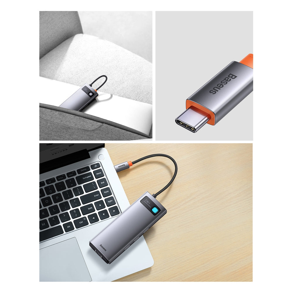 Baseus Metal Gleam Series HUB 7-i-1 USB Type C dockingstation - 1 x HDMI / 1 x VGA / 3 x USB 3.2 Gen. 1 / 1 x Strømforsyning / 1 x RJ-45 Ethernet grå (WKWG040013)