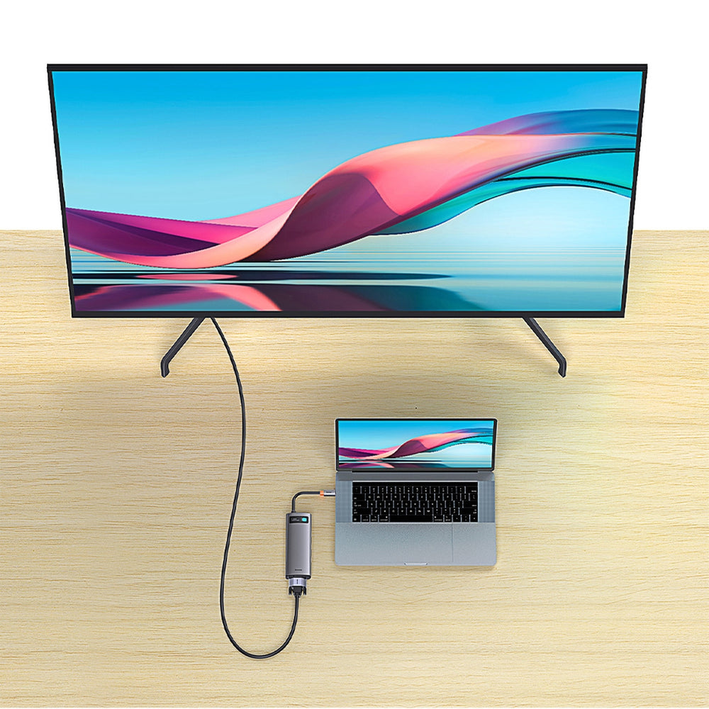 Baseus Metal Gleam Series HUB 7-i-1 USB Type C dockingstation - 1 x HDMI / 1 x VGA / 3 x USB 3.2 Gen. 1 / 1 x Strømforsyning / 1 x RJ-45 Ethernet grå (WKWG040013)