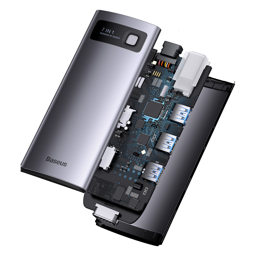 Baseus Metal Gleam Series HUB 7-i-1 USB Type C dockingstation - 1 x HDMI / 1 x VGA / 3 x USB 3.2 Gen. 1 / 1 x Strømforsyning / 1 x RJ-45 Ethernet grå (WKWG040013)