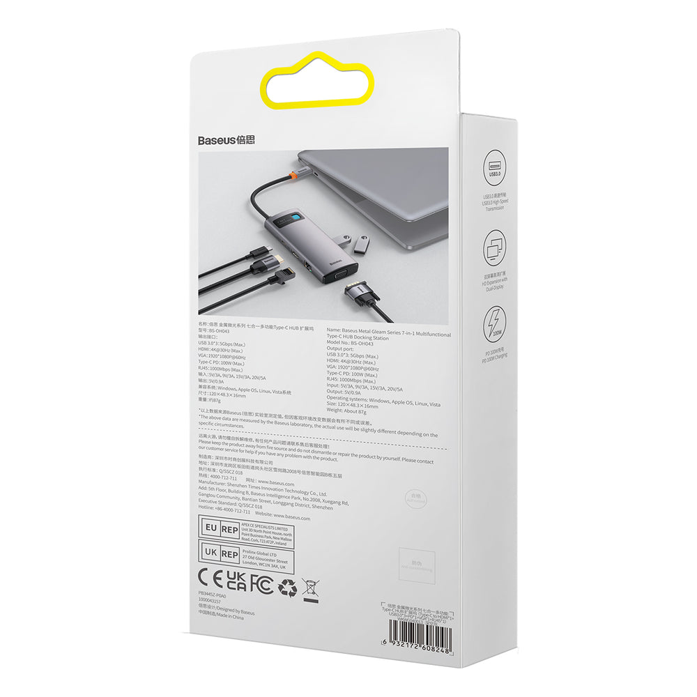 Baseus Metal Gleam Series HUB 7-i-1 USB Type C dockingstation - 1 x HDMI / 1 x VGA / 3 x USB 3.2 Gen. 1 / 1 x Strømforsyning / 1 x RJ-45 Ethernet grå (WKWG040013)