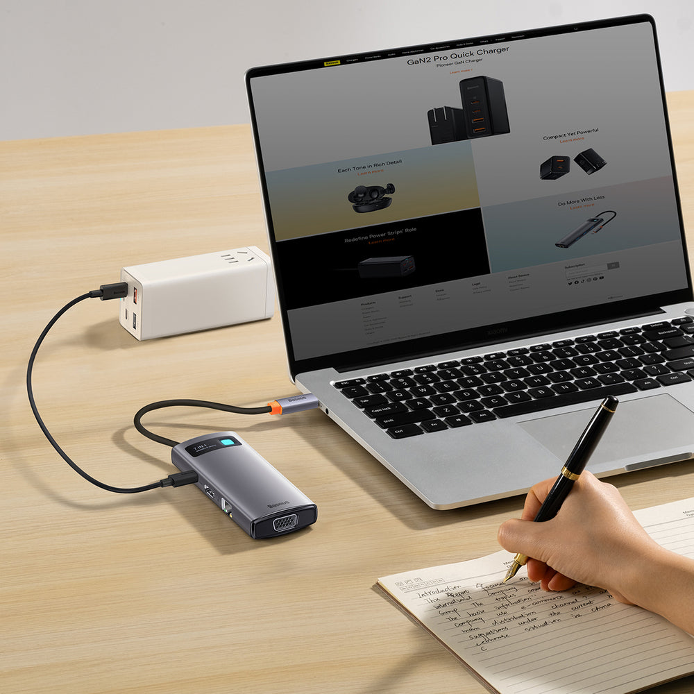 Baseus Metal Gleam Series HUB 7-i-1 USB Type C dockingstation - 1 x HDMI / 1 x VGA / 3 x USB 3.2 Gen. 1 / 1 x Strømforsyning / 1 x RJ-45 Ethernet grå (WKWG040013)