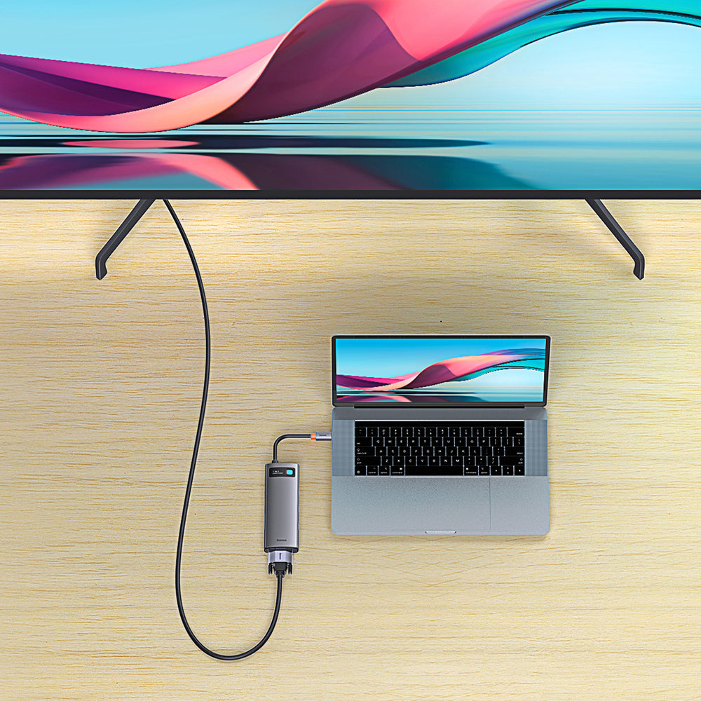Baseus Metal Gleam Series HUB 7-i-1 USB Type C dockingstation - 1 x HDMI / 1 x VGA / 3 x USB 3.2 Gen. 1 / 1 x Strømforsyning / 1 x RJ-45 Ethernet grå (WKWG040013)