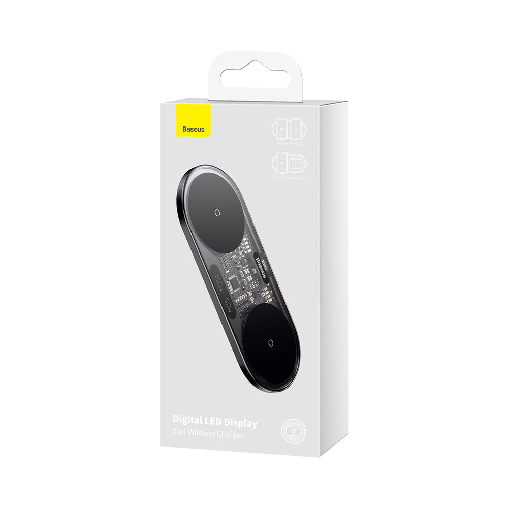 Baseus Digital LED Display dobbelt trådløs oplader med digitalt display 20W sort (WXSX010101)