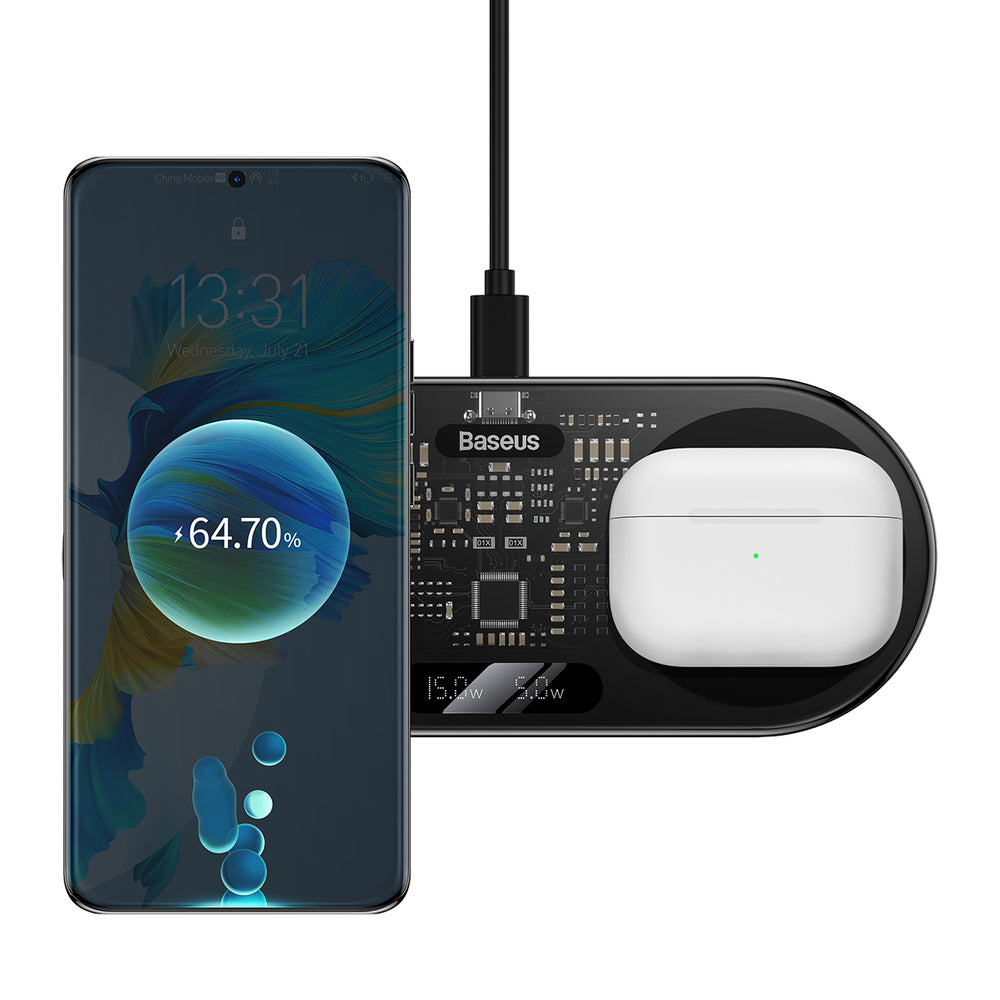 Baseus Digital LED Display dobbelt trådløs oplader med digitalt display 20W sort (WXSX010101)