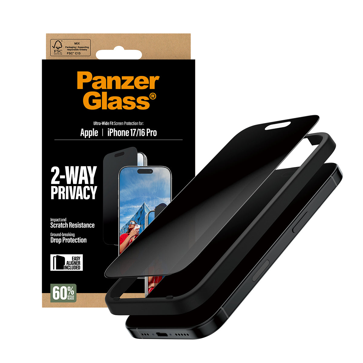 PanzerGlass ® 2-Way Privacy Skærmbeskyttelse iPhone 17 | iPhone 16 Pro | Ultra-Wide Fit m. EasyAligner