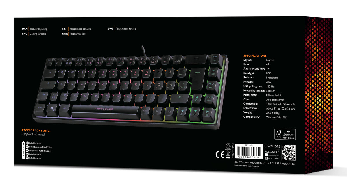 Deltaco Gaming DK240 60% keyboard, semi transparent case bla