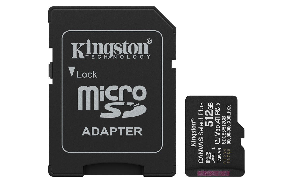 Kingston Technology 512 GB microSDXC Canvas Select Plus Gen3 150 MB/s A1-kort + adapter