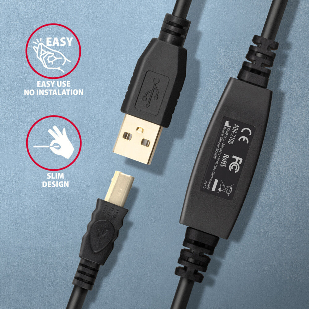 Axagon ADR-210B USB 2.0 A-M -> B-M active connecting/repeater cable 10m - Kabel - Digital/Daten USB-kabel USB A USB B 0,48 Gbit/sek. Sort