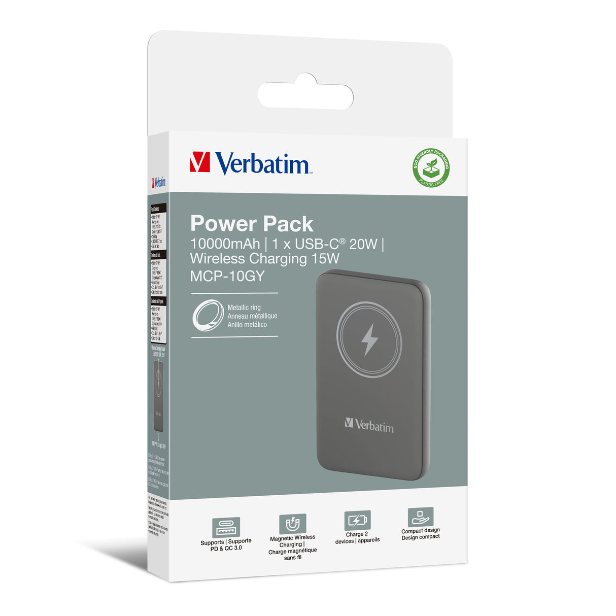 Verbatim Charge 'n' Go Lithium polymer (LiPo) 10000 mAh Trådløs opladning Grå