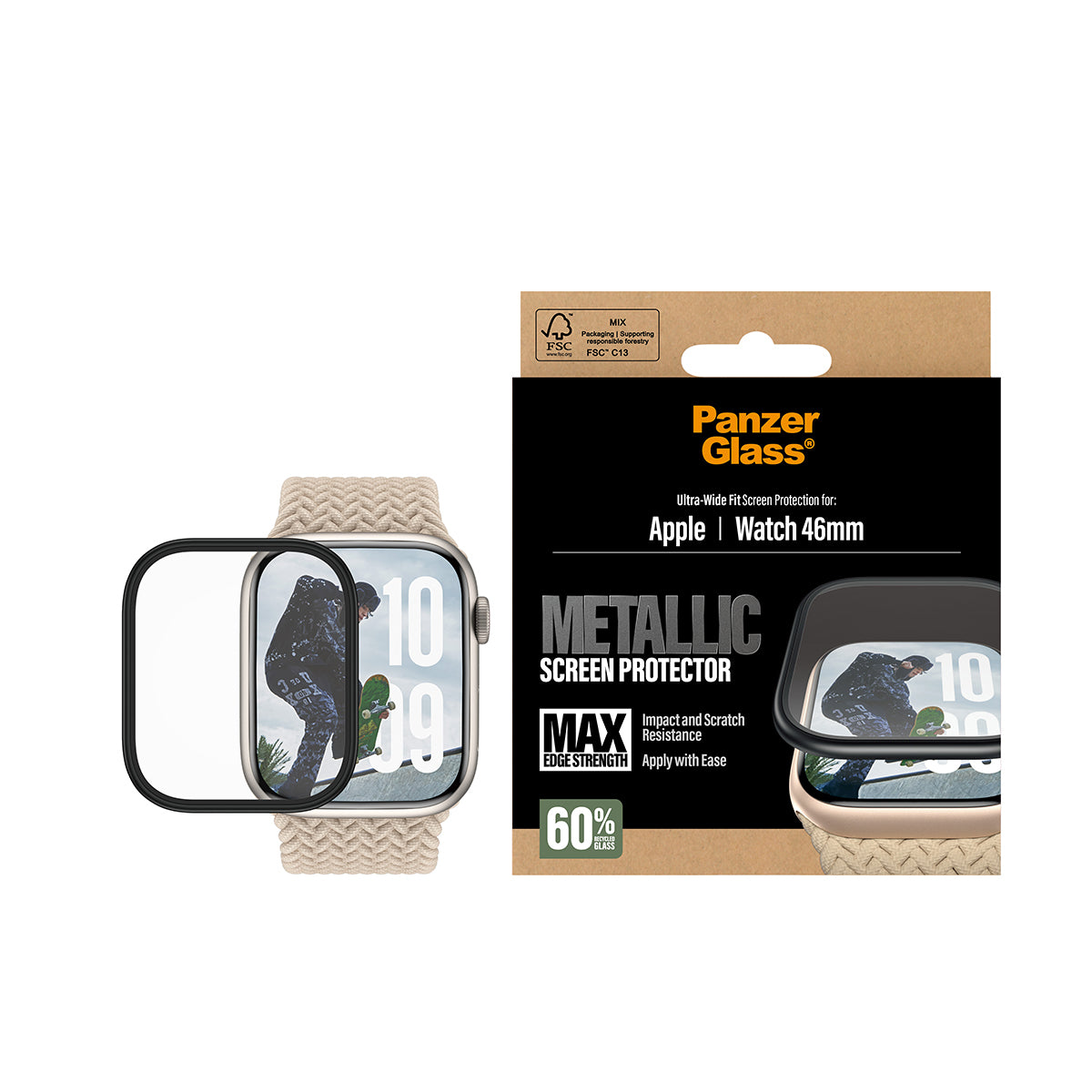 PanzerGlass skærmbeskyttelse m. sort metal ramme til Apple Watch 46mm