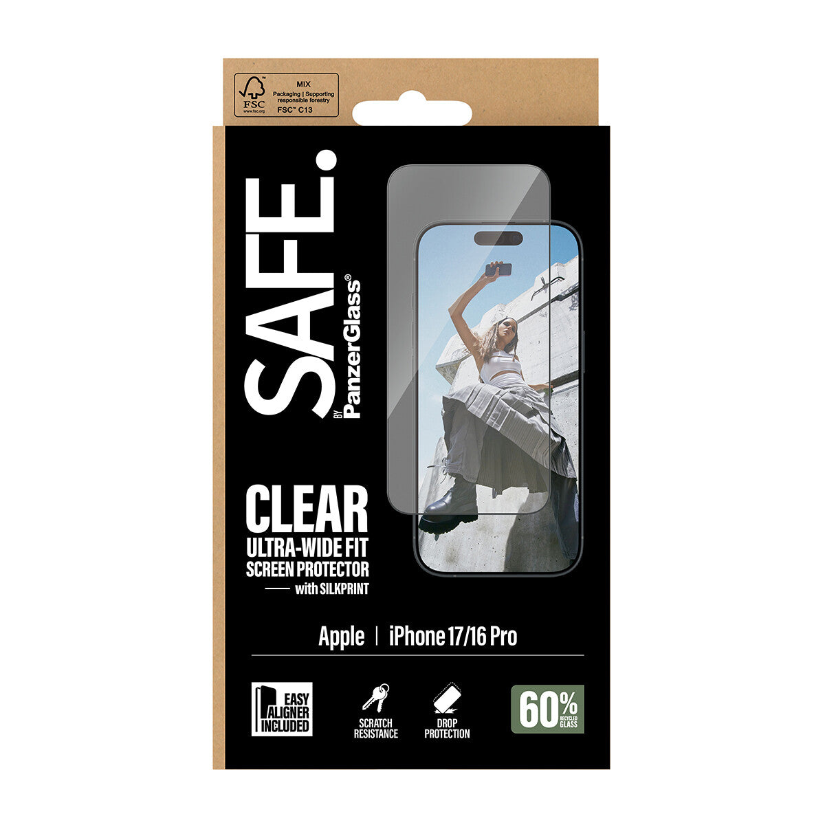 PanzerGlass SAFE. by ® Skærmbeskyttelse m. Sort Ramme iPhone 17 | 16 Pro | Ultra-Wide Fit m. EasyAligner