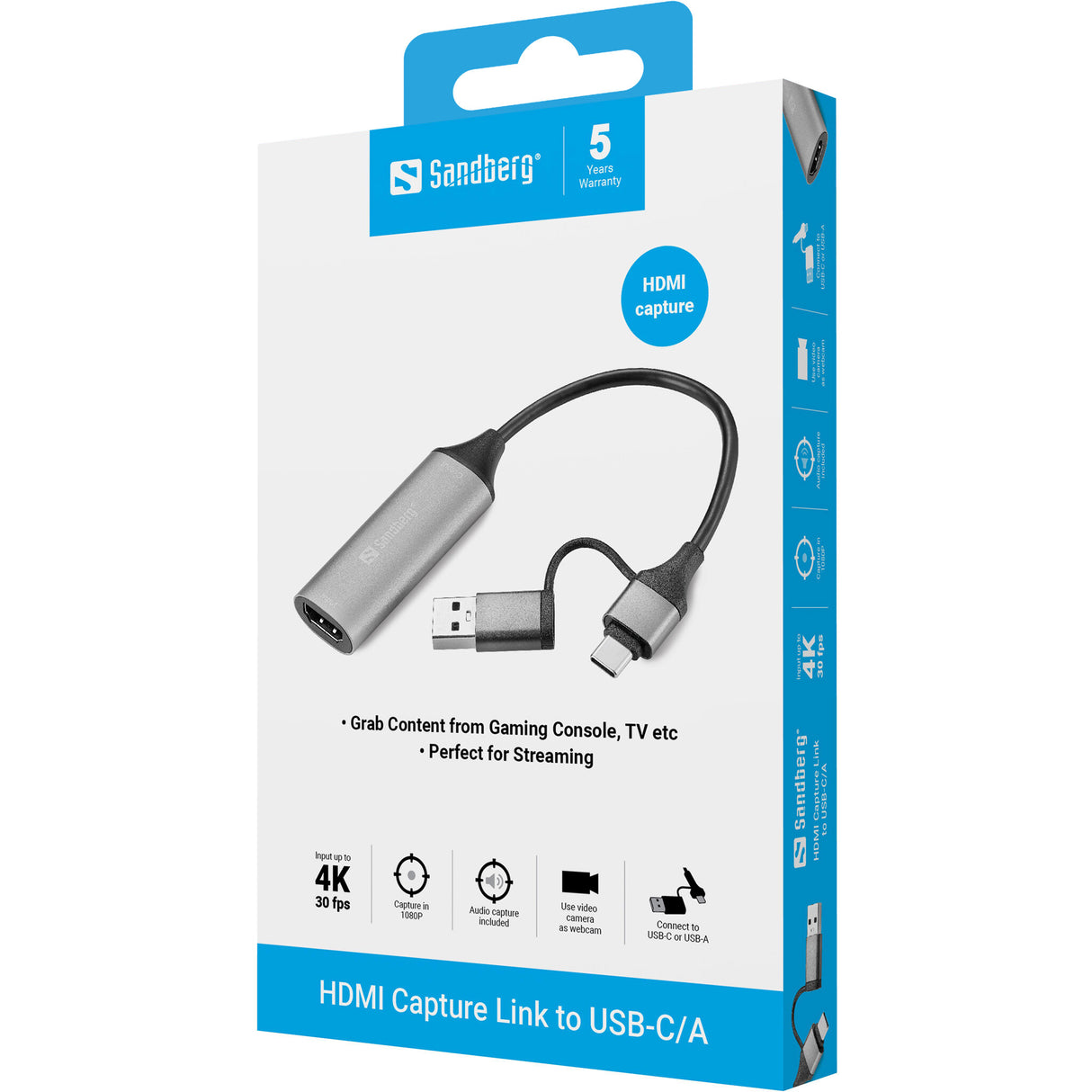 Sandberg 136-70 videokabel adapter HDMI Type A (Standard) USB Type-A + USB Type-C Grå