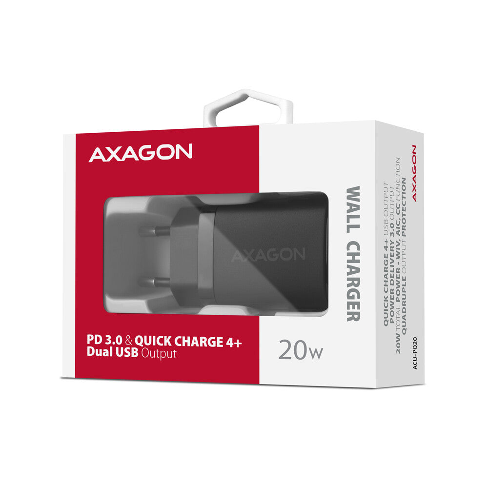 Axagon ACU-PQ20 wall charger QC3.0/AFC/FCP+ PD type-C 20 W - schwarz - USB Typ C Mobiltelefon, Smartphone, SmartWatch, Tablet, Universel Sort Vekselstrøm Hurtig opladning Indendørs