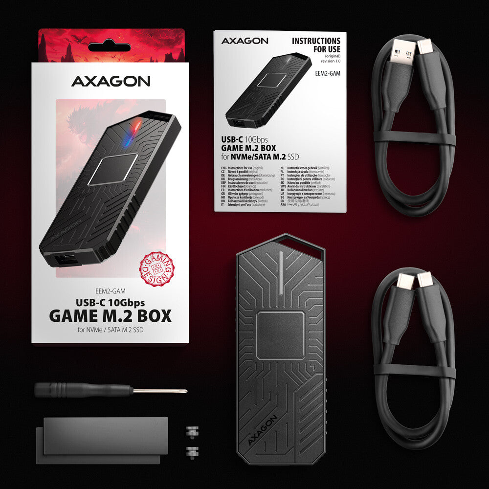 Axagon EEM2-GAM, USB-C 10Gbps - NVMe & SATA SSD GAME M.2 box, bezšroubkový SSD kabinet Sort