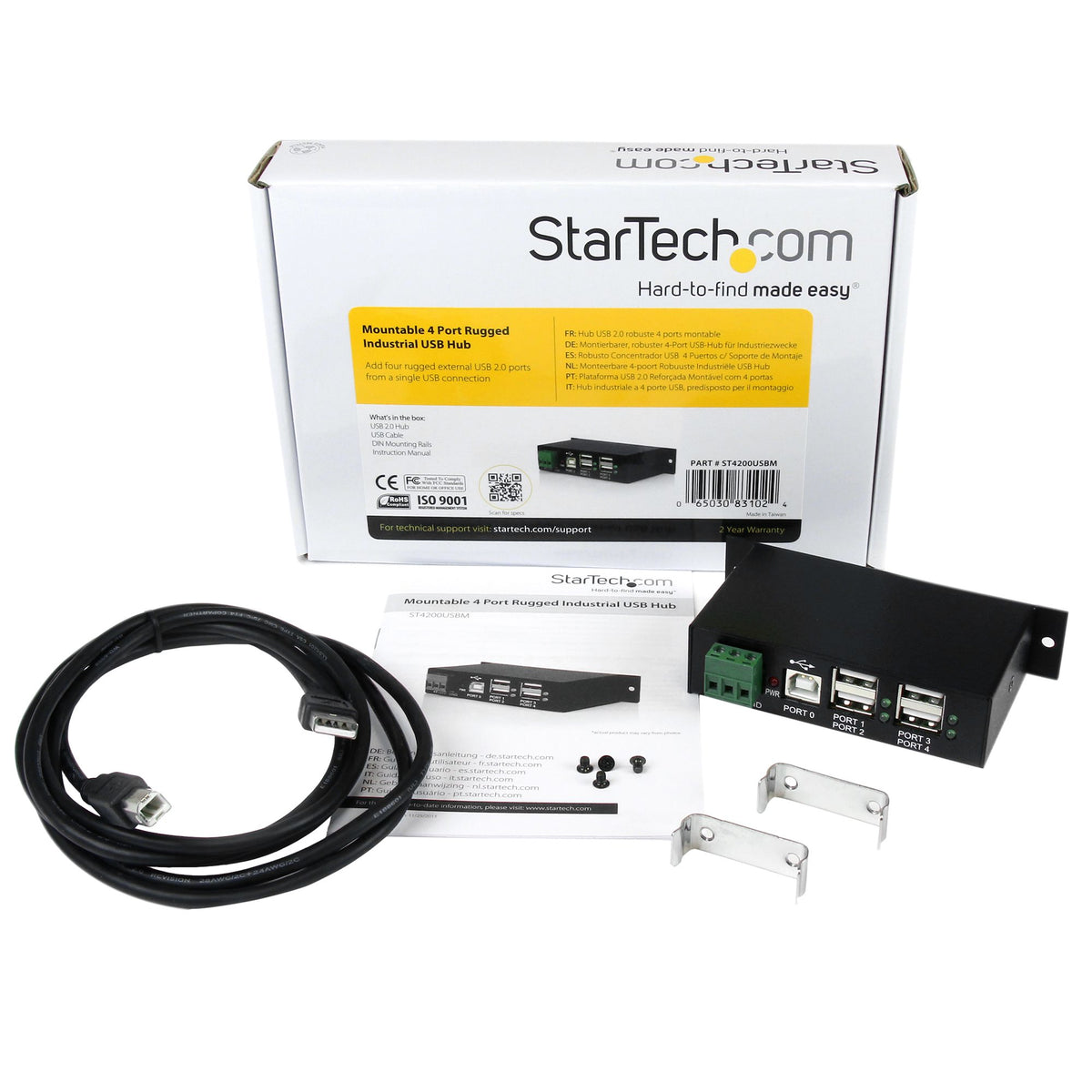 StarTech.com Rackmount USB 2.0 Hub - 4 Port Rugged Industrial USB 2.0 Hub Sort