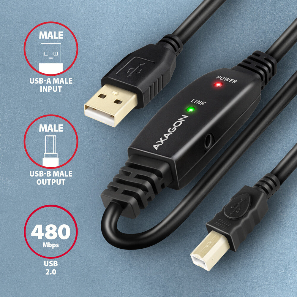Axagon ADR-210B USB 2.0 A-M -> B-M active connecting/repeater cable 10m - Kabel - Digital/Daten USB-kabel USB A USB B 0,48 Gbit/sek. Sort