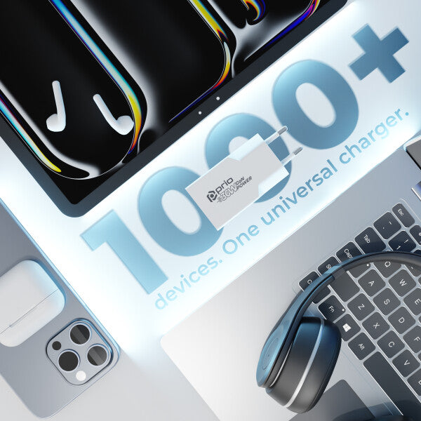 prio MFi hurtigopladersæt (30W dobbelt GaN-oplader + Lightning - USB C-kabel) hvid