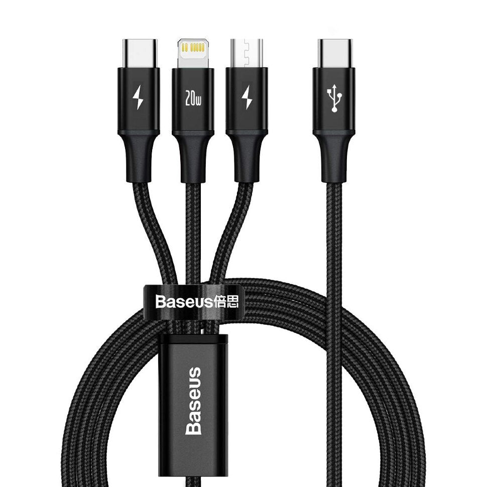 Baseus Rapid Series 3in1 Fast Charging Cable USB-C - USB-C/Lightning/MicroUSB 20W 1.5m Black