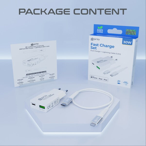 prio MFi hurtigopladersæt (30W dobbelt GaN-oplader + Lightning - USB C-kabel) hvid