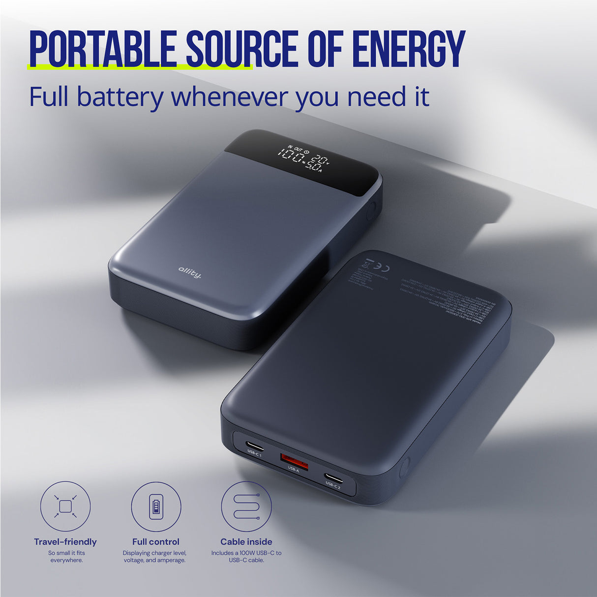 Allity power bank APB-200 PD for laptop QC 130W 19200 mAh gray