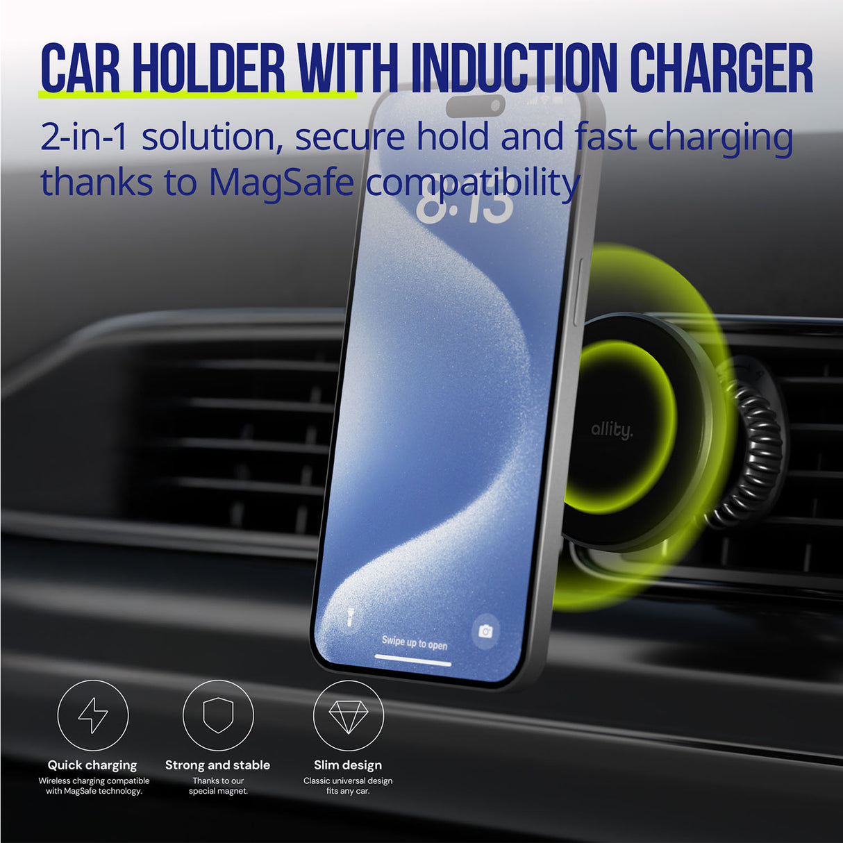 Allity car holder for air vent ACH-300 magnetic with wireless charging black 15W