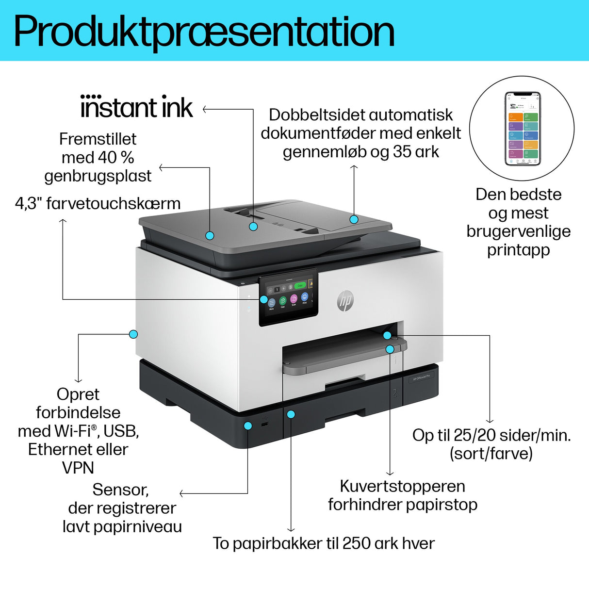HP OfficeJet Pro 9132e Trådløst All-in-One Farve Printer, Instant Ink; 2-sidet printning