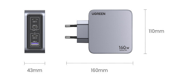 Ugreen Nexode Pro 160W GaN Charger with USB-C Cable Universel Sort, Grå Vekselstrøm Hurtig opladning Indendørs