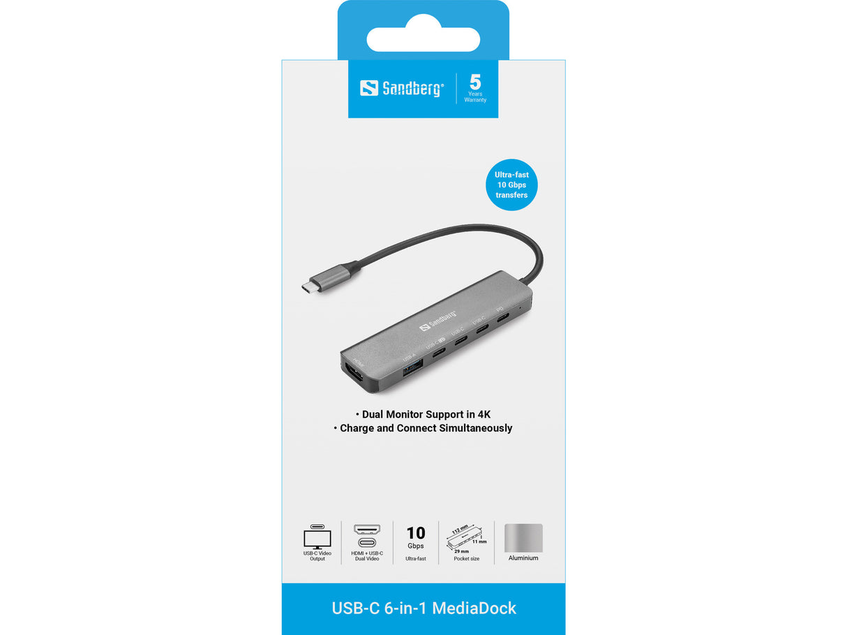 Sandberg 136-77 dockingstation Ledningsført USB 3.2 Gen 1 (3.1 Gen 1) Type-C Grå