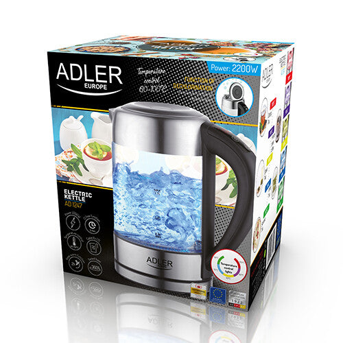 Adler AD 1247 NEW elkedel 1,7 L 2200 W Hasselnød, Rustfrit stål, Transparent