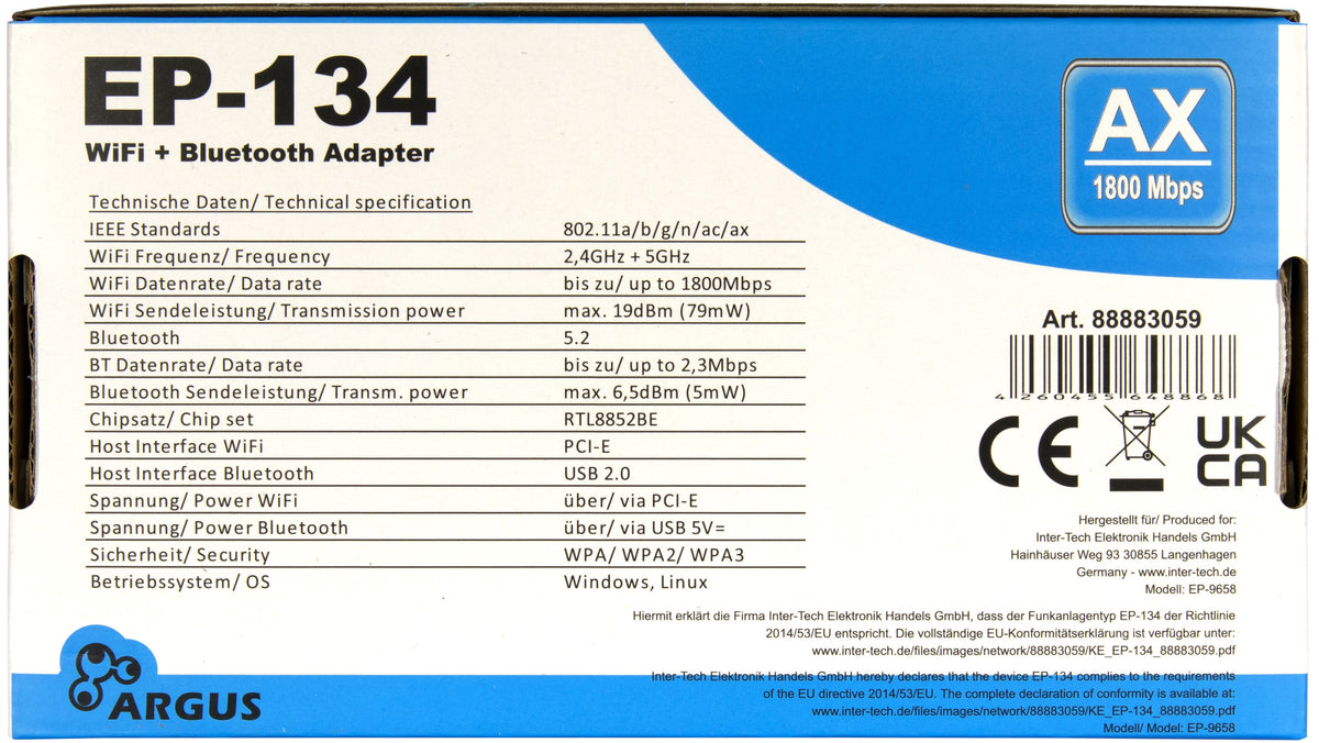 Inter-Tech Argus EP-134 Wi-Fi 6 1800Mbps PCIe Netværksadapter