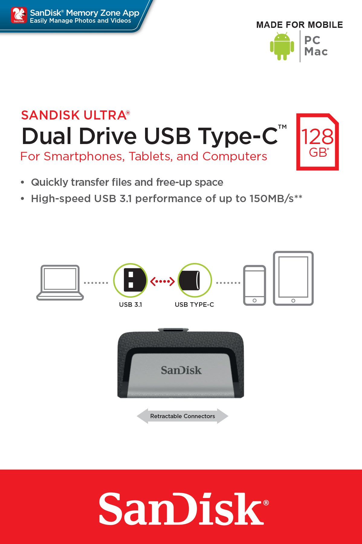 SanDisk Ultra Dual 128GB USB 3.1 / USB-C USB stick Grå