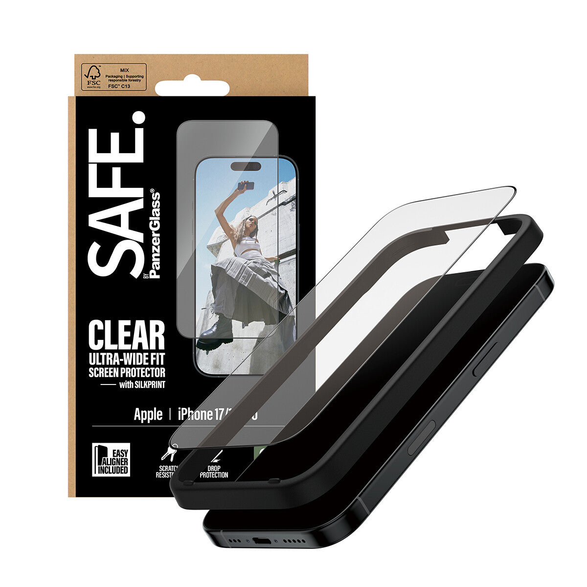 PanzerGlass SAFE. by ® Skærmbeskyttelse m. Sort Ramme iPhone 17 | 16 Pro | Ultra-Wide Fit m. EasyAligner