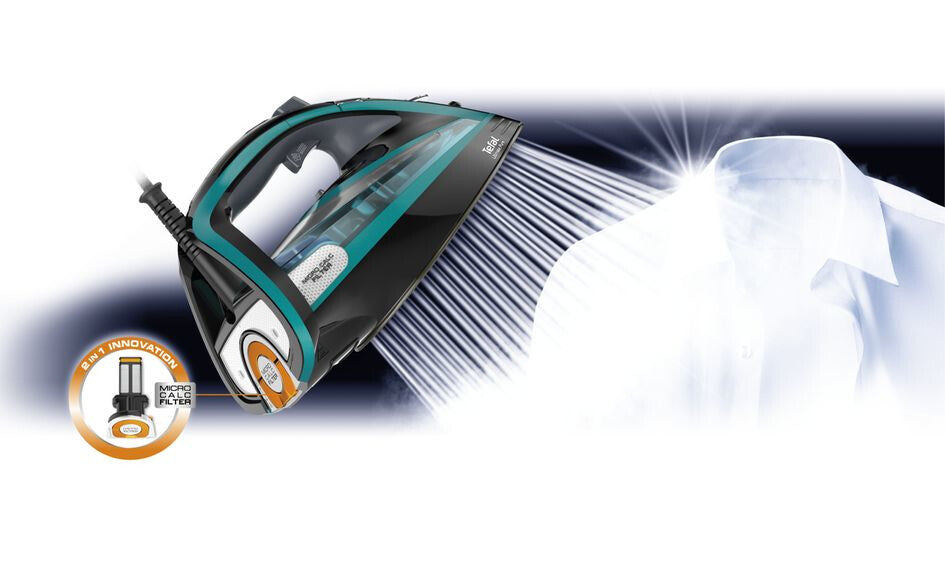 Tefal Ultimate Pure FV9844 Tør & dampstrygejern Durilium autoclean strygesål 3200 W Sort, Blå