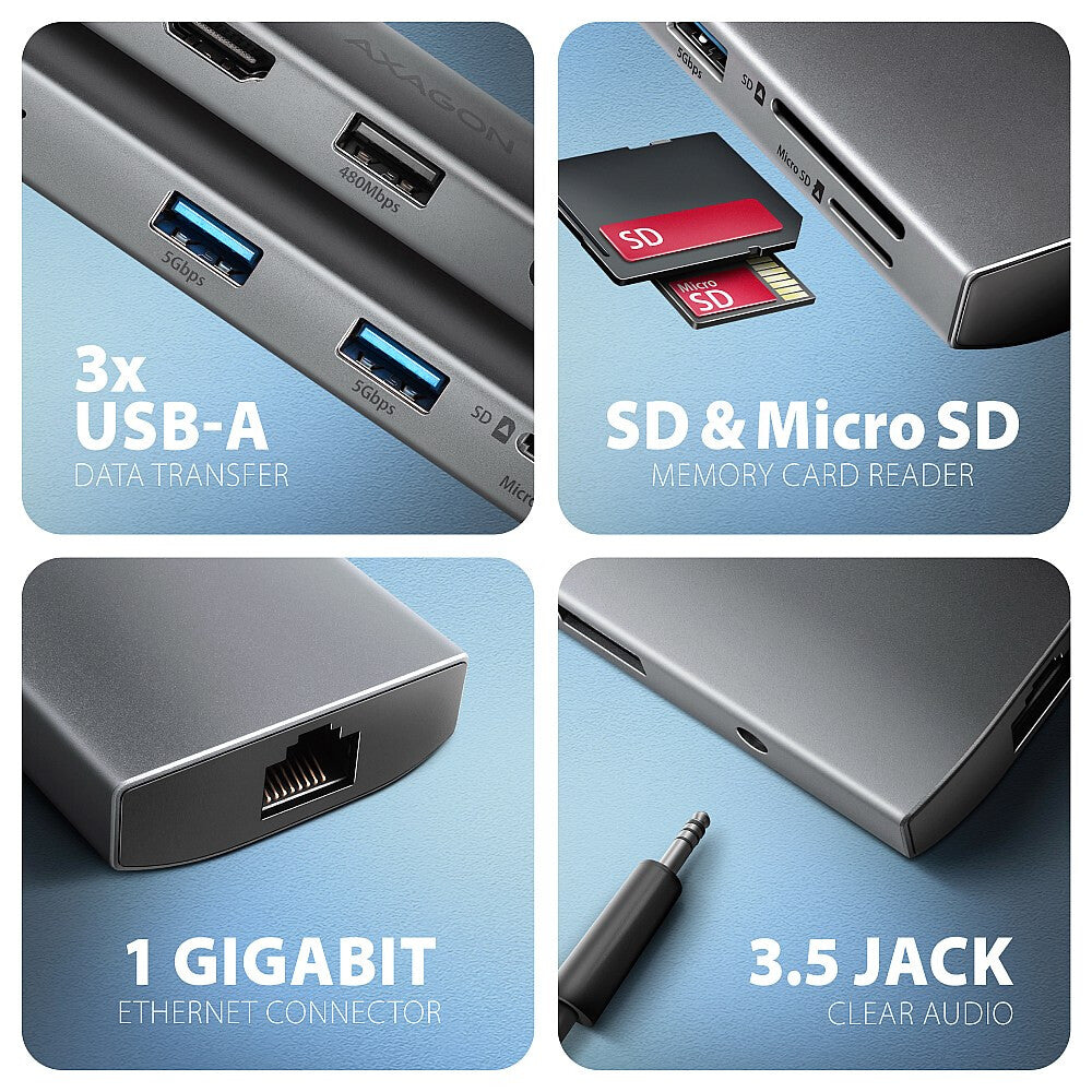 Axagon HMC-8HLSA dockingstation Ledningsført USB 3.2 Gen 1 (3.1 Gen 1) Type-C Grå
