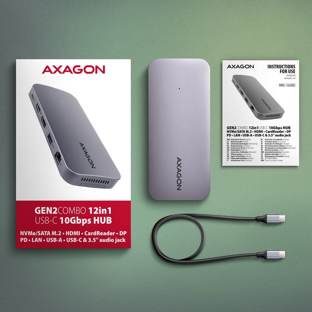 Axagon HMC-12GM2 dockingstation Ledningsført USB 3.2 Gen 2 (3.1 Gen 2) Type-C Grå