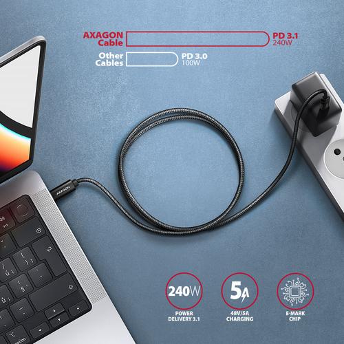 Axagon BUCM2-CM10AB Data and charging USB 480Mbps cable 1 m. PD 240W, 5A. Black braided
