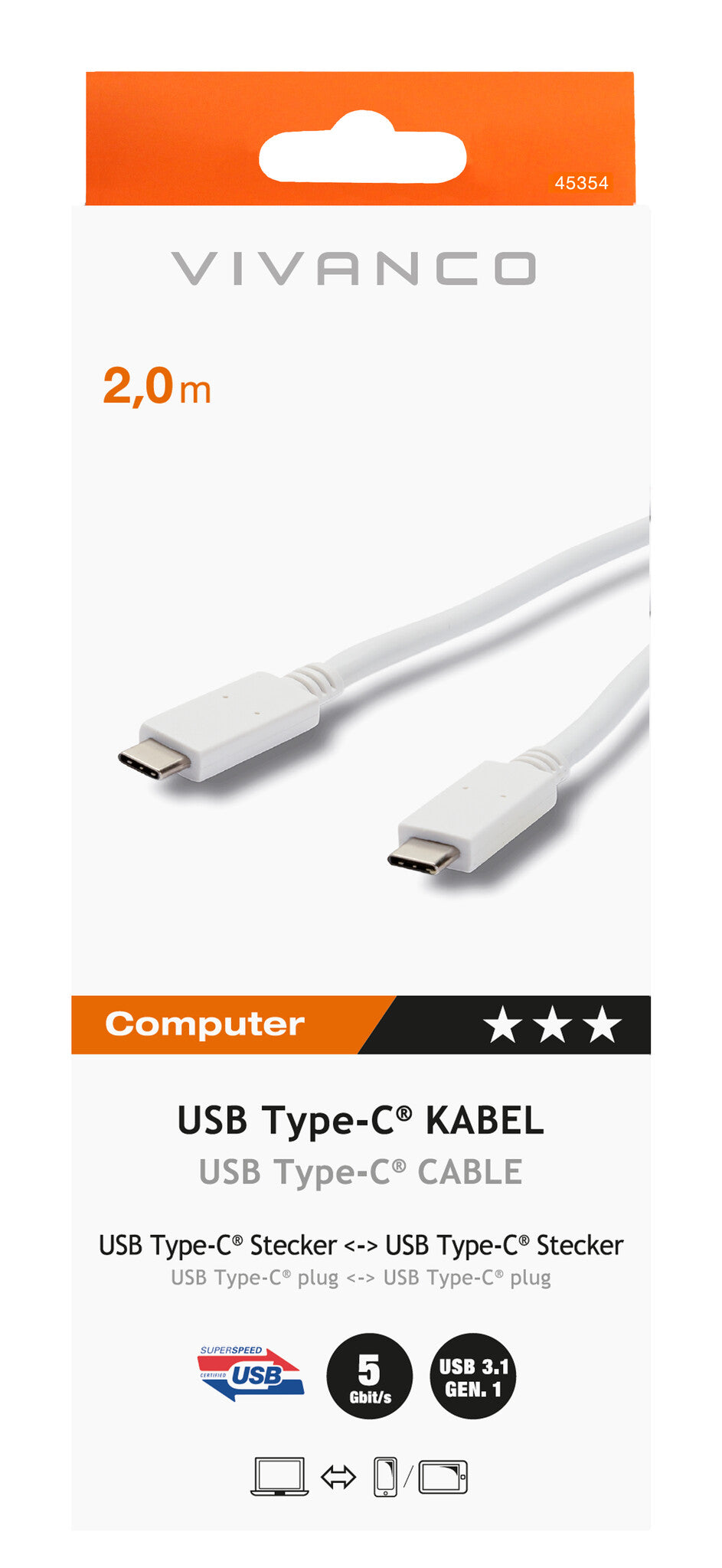 Vivanco 45354 USB-kabel USB 3.2 Gen 1 (3.1 Gen 1) 2 m USB C 5 Gbit/sek. Hvid