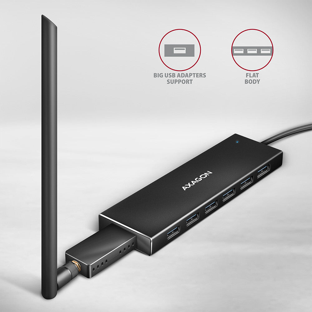 Axagon HUE-F7A 7x USB 3.2 Gen 1 ALU FLAT hub micro power IN 1m USB-A USB 3.2 Gen 1 (3.1 Gen 1) Type-A 5000 Mbit/s Sort