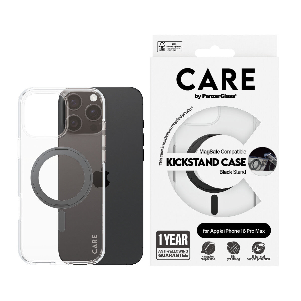 PanzerGlass CARE™ by ® Case Transparent m. Sort Kickstand & MagSafe iPhone 16 Pro Max