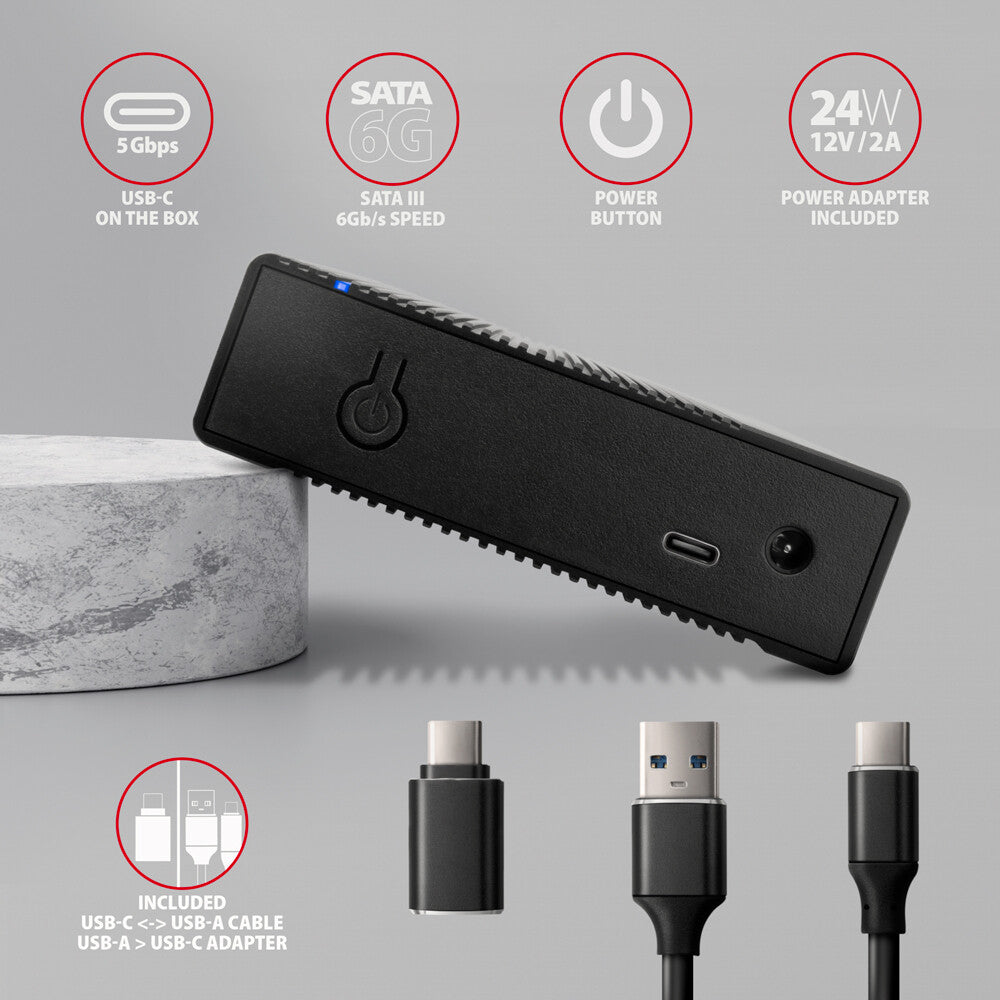 Axagon EE35-GTR USB-C 5Gbps - SATA 6G, 3.5 RIBBED box BLACK - USB Typ C HDD kabinet Sort 3.5"