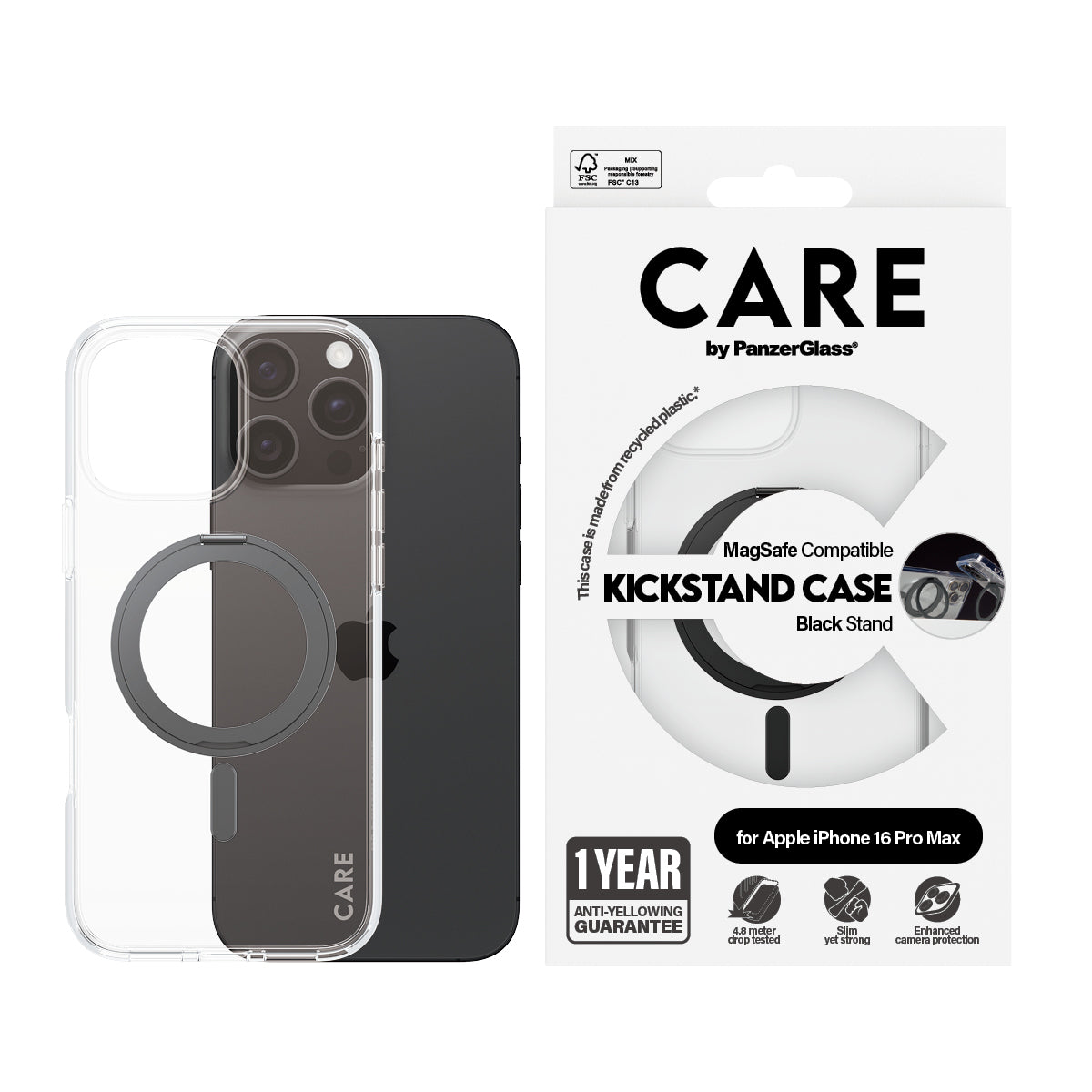 PanzerGlass CARE by ® Feature Case Transparent m. Sort Kickstand & MagSafe iPhone 16 Pro Max