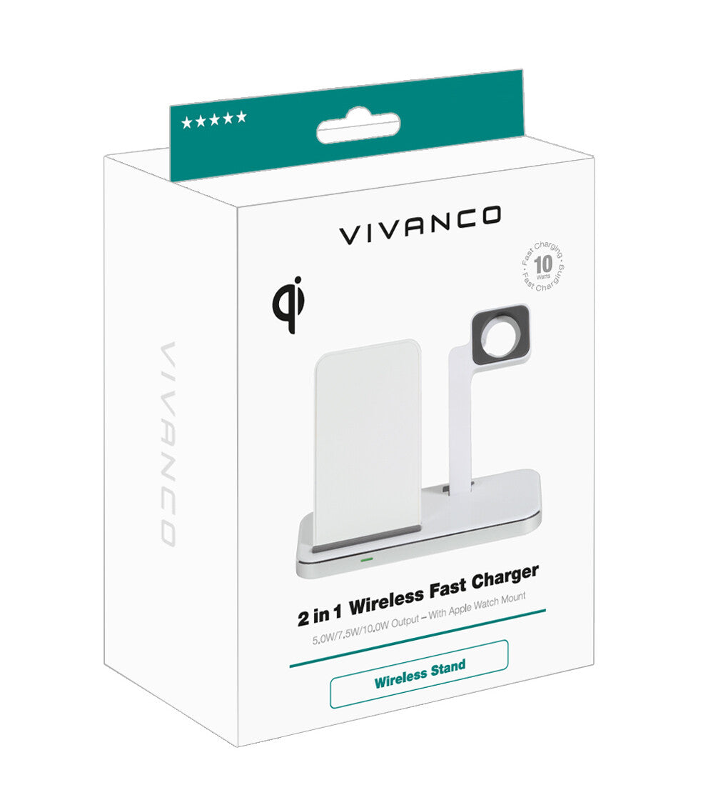 Vivanco 2 in 1 Wireless Fast Charger Smartphone, SmartWatch Hvid USB Hurtig opladning Indendørs