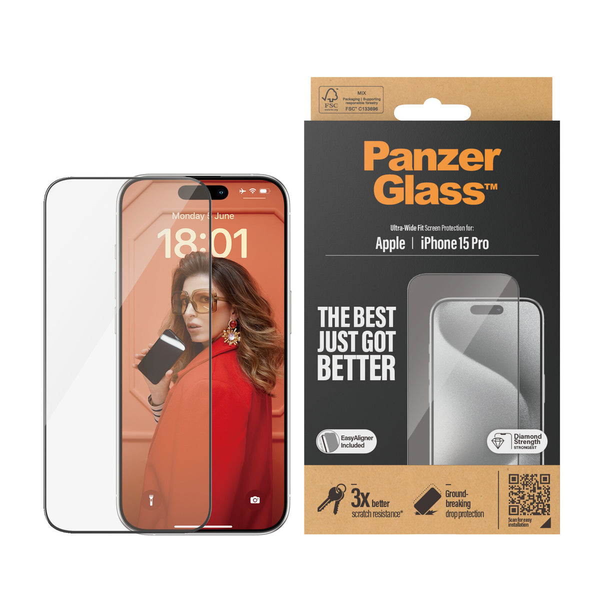 PanzerGlass ® Skærmbeskyttelse iPhone 15 Pro | Ultra-Wide Fit m. EasyAligner