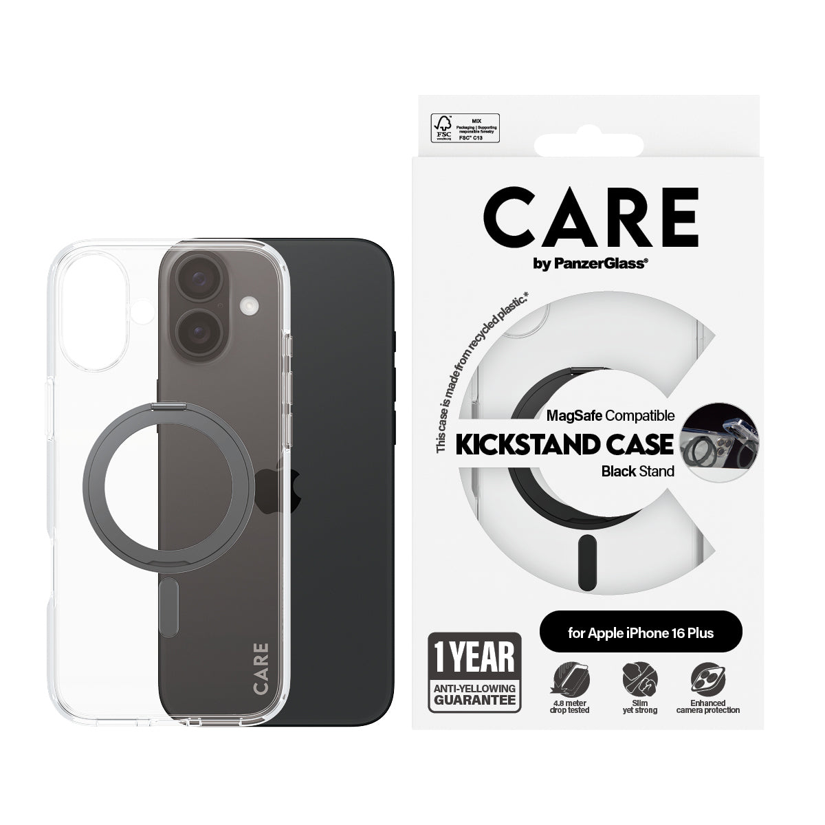 PanzerGlass CARE by ® Feature Case Transparent m. Sort Kickstand & MagSafe iPhone 16 Plus