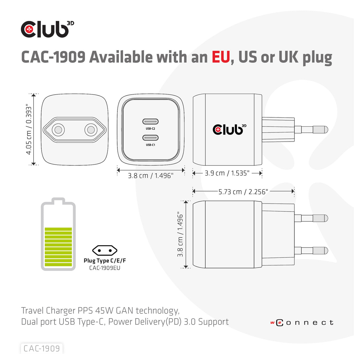 Club 3D CAC-1909EU 45Watt GaN Strømforsyningsadapter