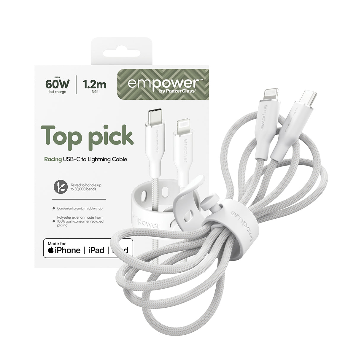 PanzerGlass empower by ® Racing 60W USB-C to Lightning Kabel | USB 2.0 | 1.2M | Silver White