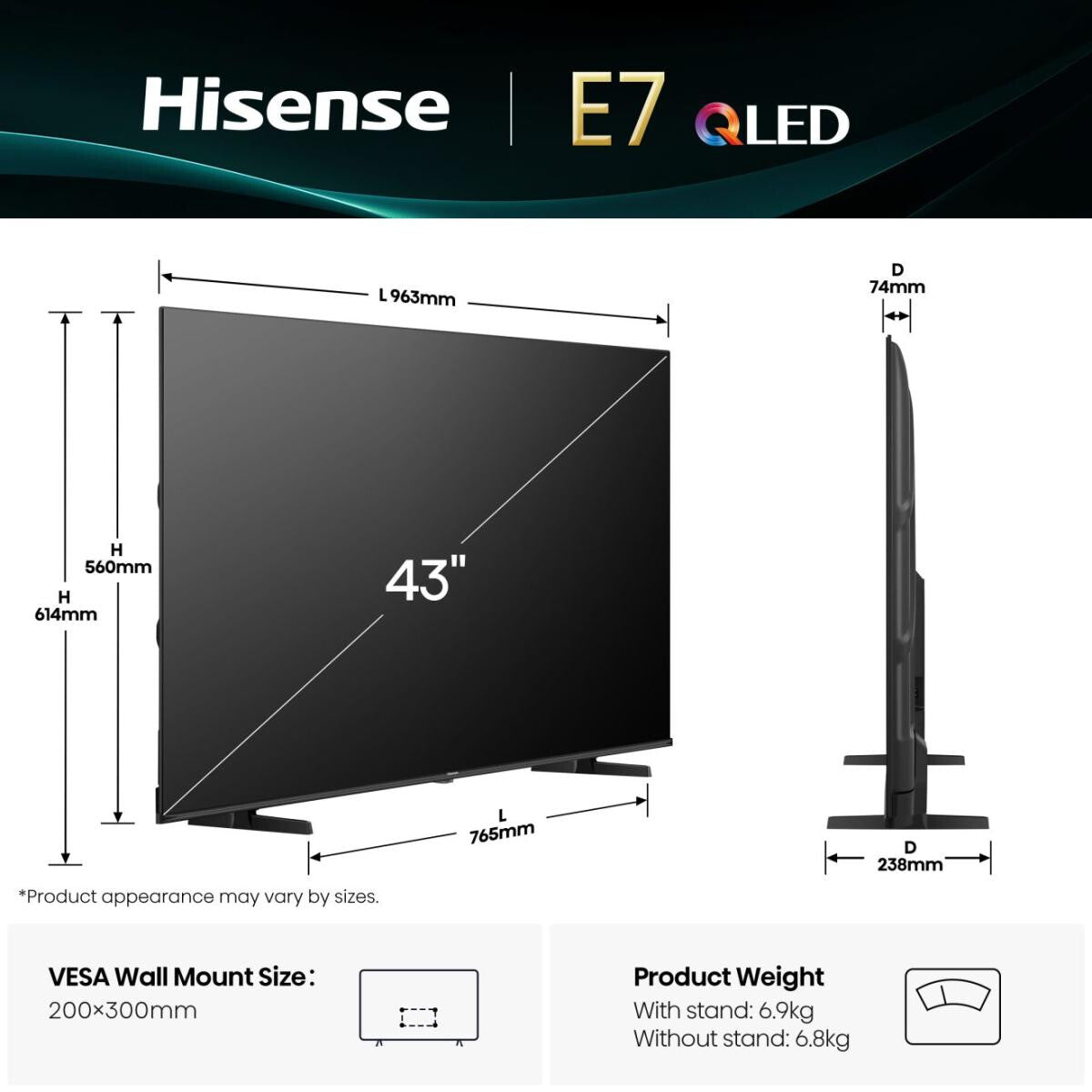 Hisense 43E7Q 109,2 cm (43") 4K Ultra HD Smart TV Wi-Fi Sort